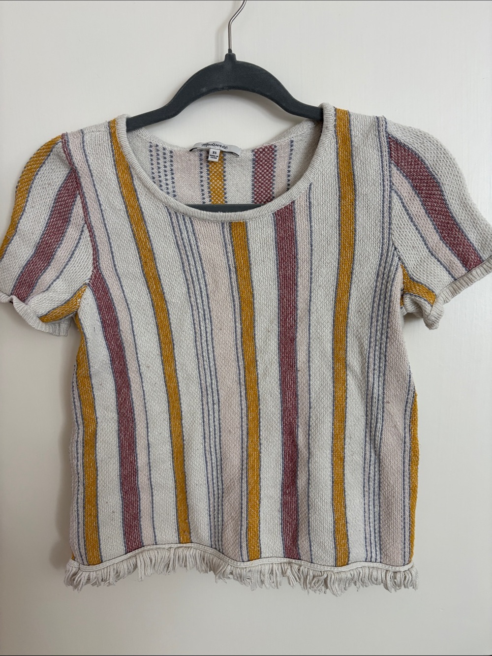 Madewell Ivory Short-Sleeve Sweater with Mustard & Mauve Stripes